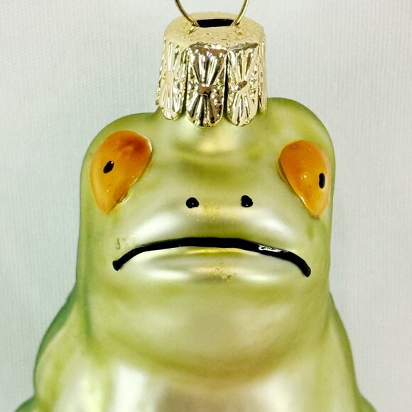 Vintage Blown Glass Frowning Green Frog Gold Glitter Spots Christmas Ornament 3" - Picture 2 of 6